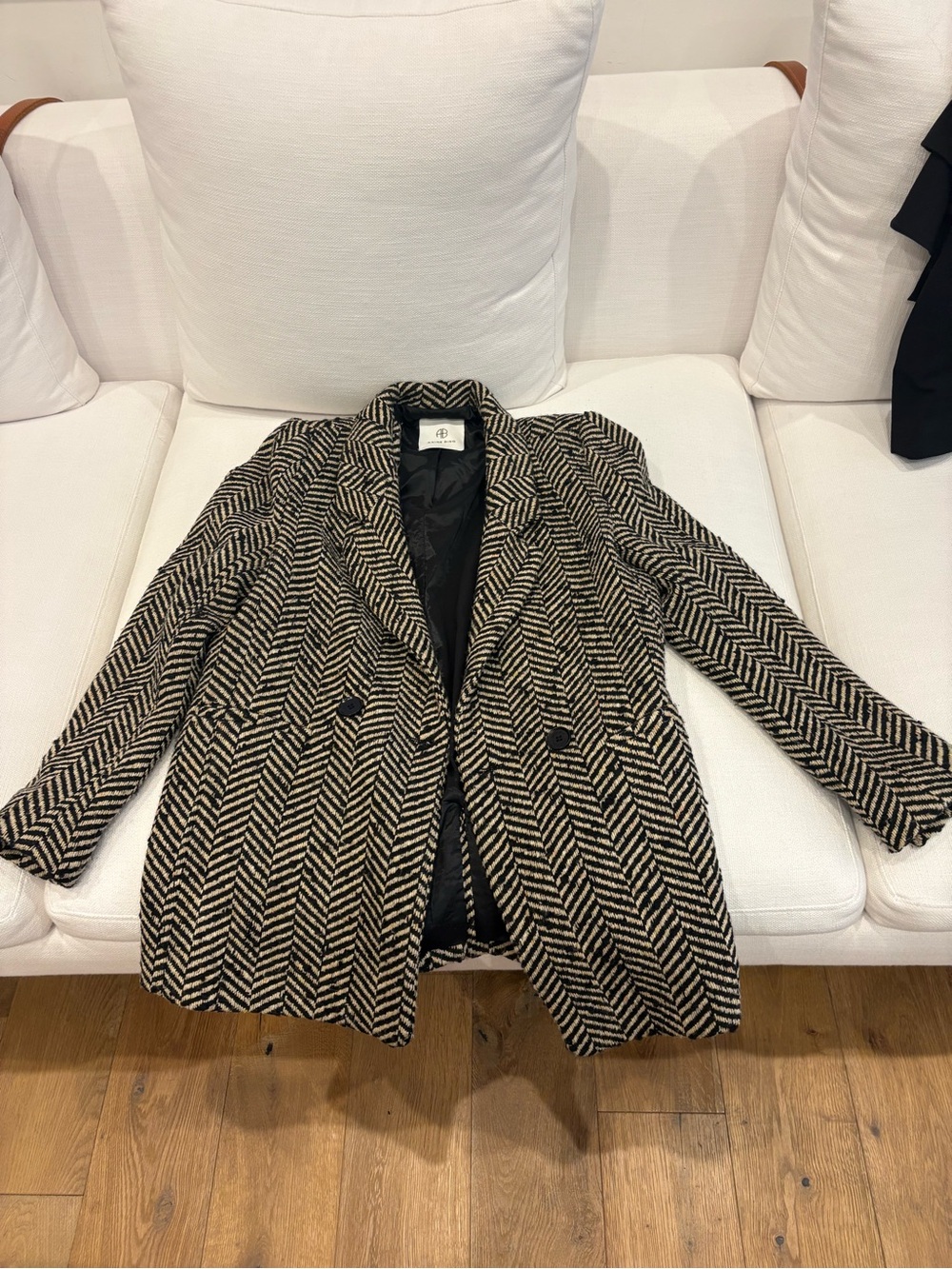 Anine Bing Wool-Blend Herringbone Coat - Black & Cream